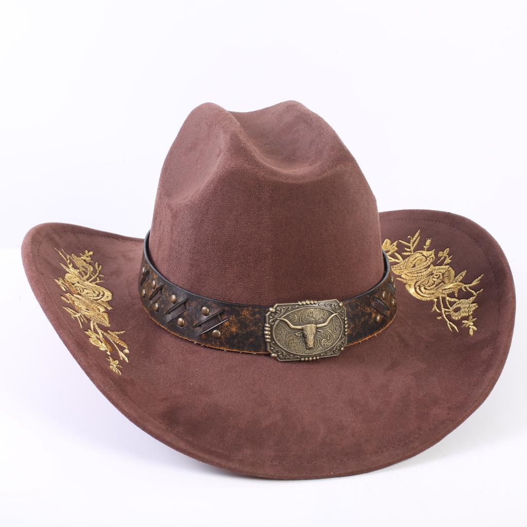 Popular European and American Classic Suede Western Cowboy Hat Men's and Women's Big Brim Embroidered Outdoor Sun Hat