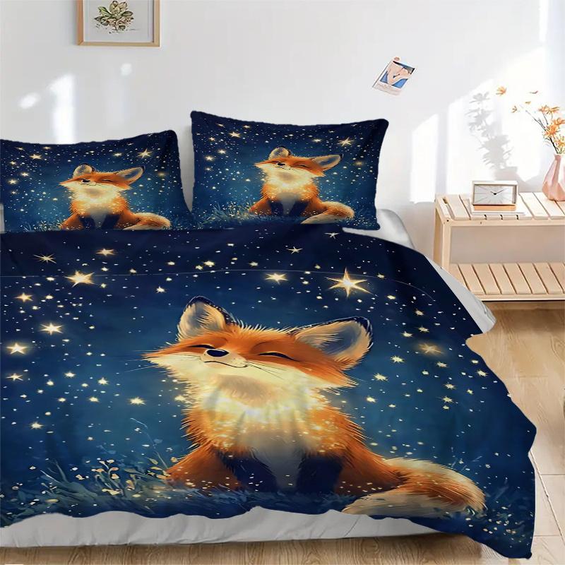 3pcs Enchanted Fox Gazing At Starry Night Sky Quilt Set, Soft and Comfortable Bedroom