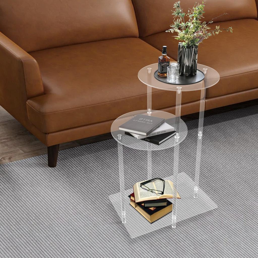 3-Tier Sturdy Clear Round Side Table (5kg Capacity) - Modern PC Material Bedside Table W/ Open Storage Shelf for Bedroom, Office