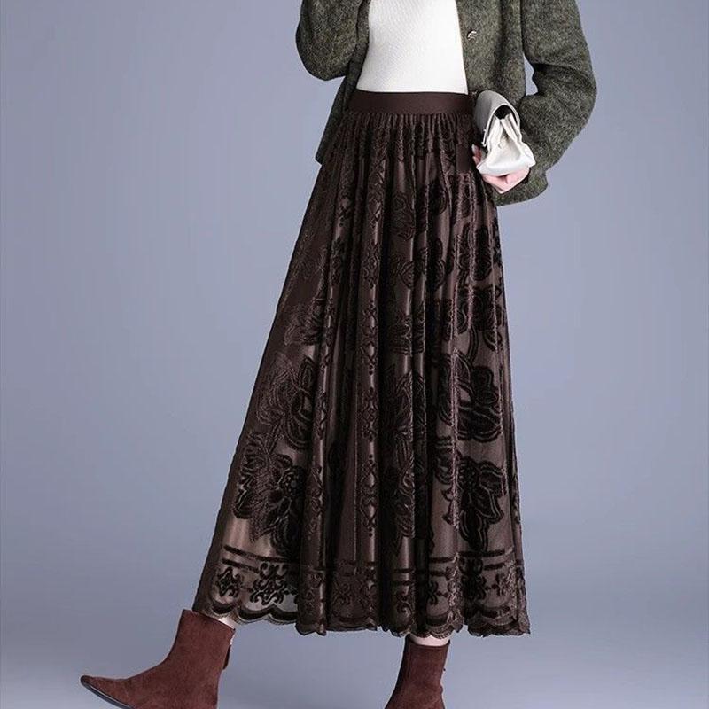 Women's Mesh Flocked Skirt Wide Flare High-Waisted Elastic Waist Gold Velvet Skirt A-line Pleated Skirt