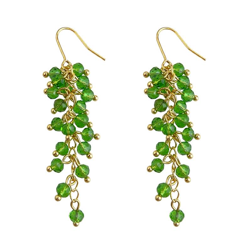 Green Crystal Beads Tassel Drop Earrings Elegant Long Dangle Earrings Vintage 18K Gold Fringe Earrings For Women Wedding Party Jewelry зелёный