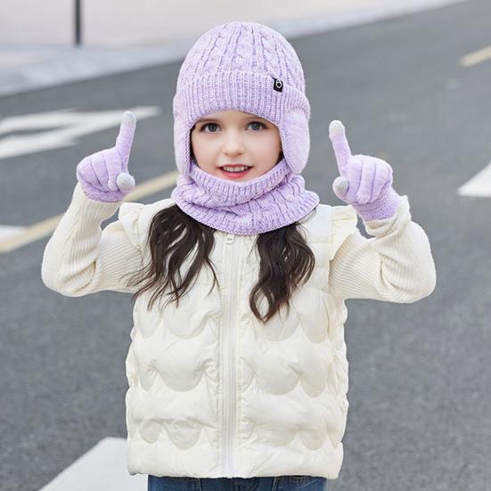 3Pcs/Set Kids Hat Scarf Gloves Set Solid Color Twist Texture Fleece Lining Earflap Hat Touchscreen Gloves Neck Warmer Set Cold Weather Accessories