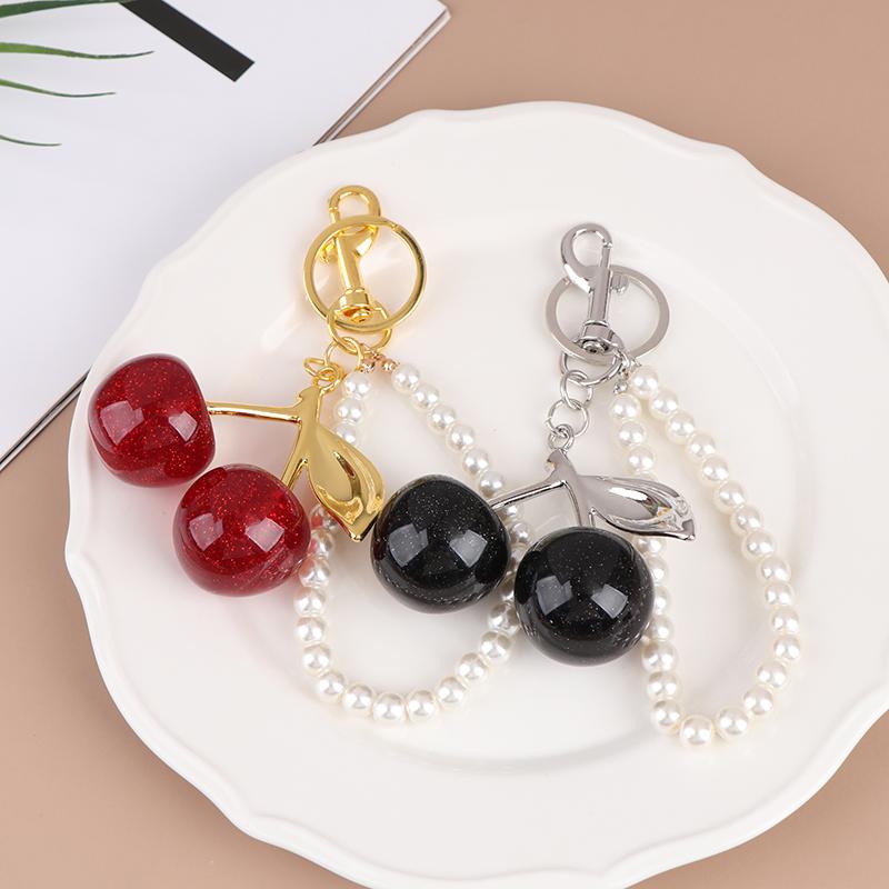 Šik klíčenka s černou/červenou třešní s třpytivým pryskyřičným přívěskem, ozdoba na dámskou kabelku, klíčenka, DIY doplňky