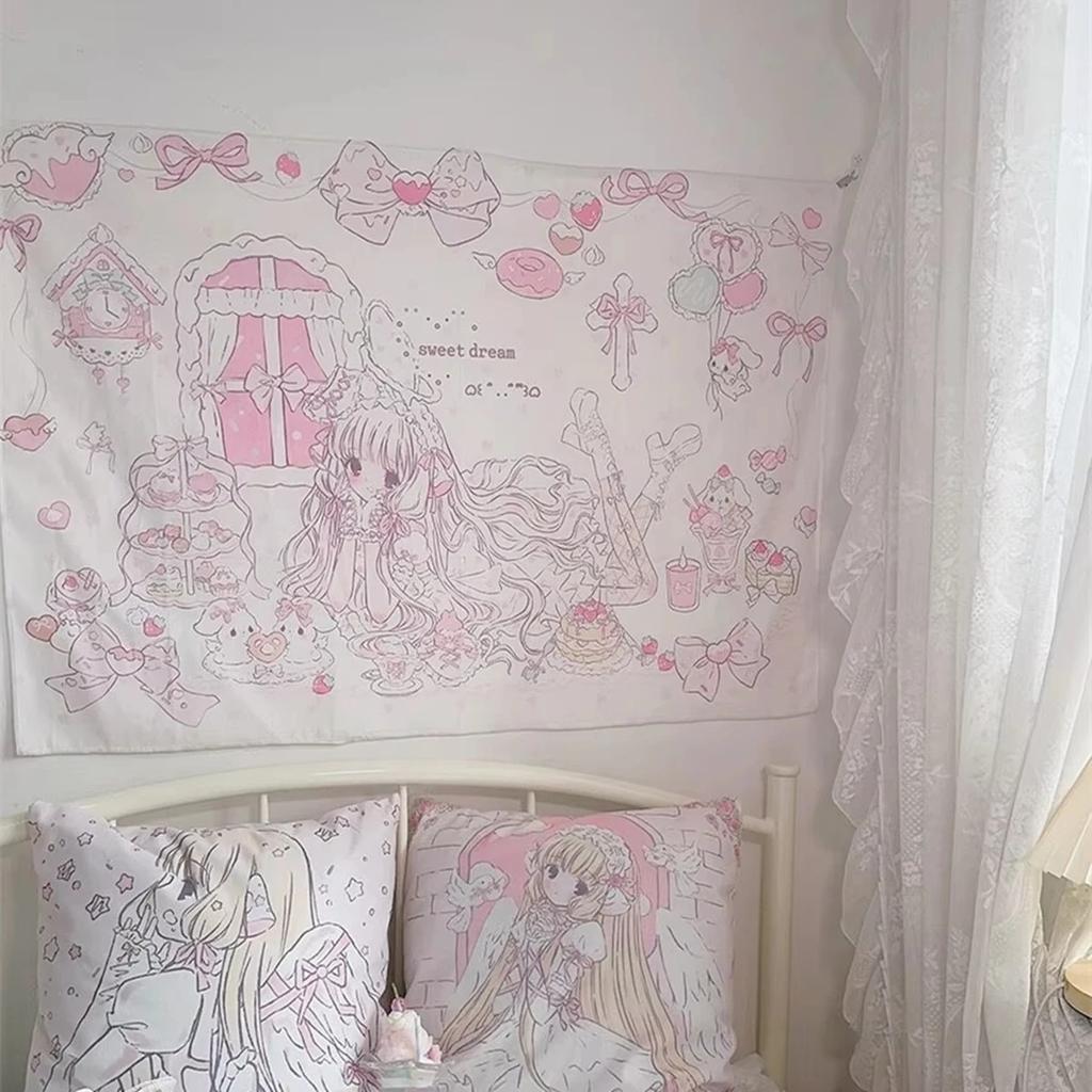 Sweet Dream Tapestry Wall Hanging Pink Purple Heart Cake Bow Design Dreamy Healing Style Bedroom Decor For Girls And Women