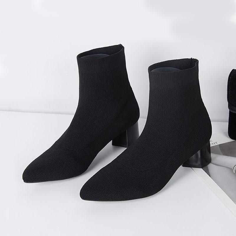 Comemore Autumn and Winter New Pointed Toe Sock Boots for Women Knitted Stretch Comfortable Casual Elastic Solid Ankle Boots