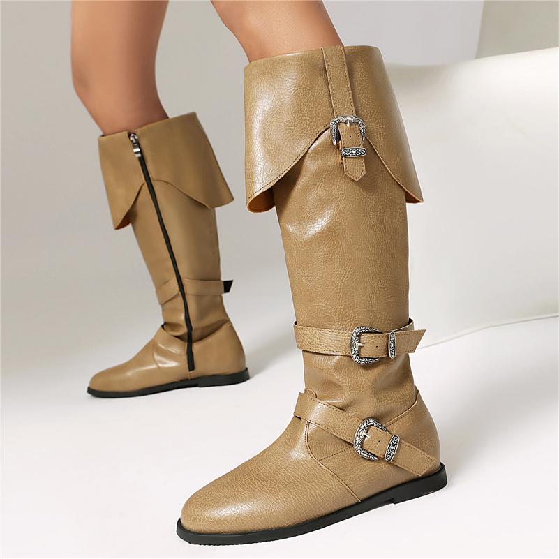 

Meotina Women Knee High Boots Round Toe Flats Buckle Zippers Long Boots Concise Ladies Fashion Shoes Autumn Winter Black Khaki 46 35