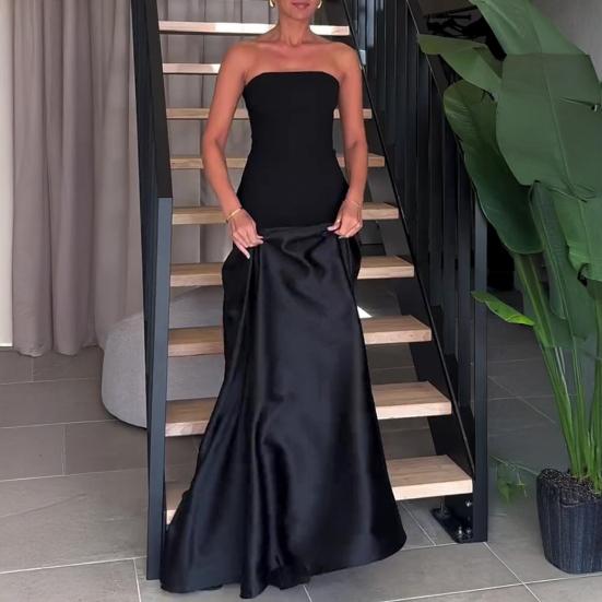 Women's Strapless Tube Top Maxi Dress Off Shoulder Patchwork Evening Dress Satin