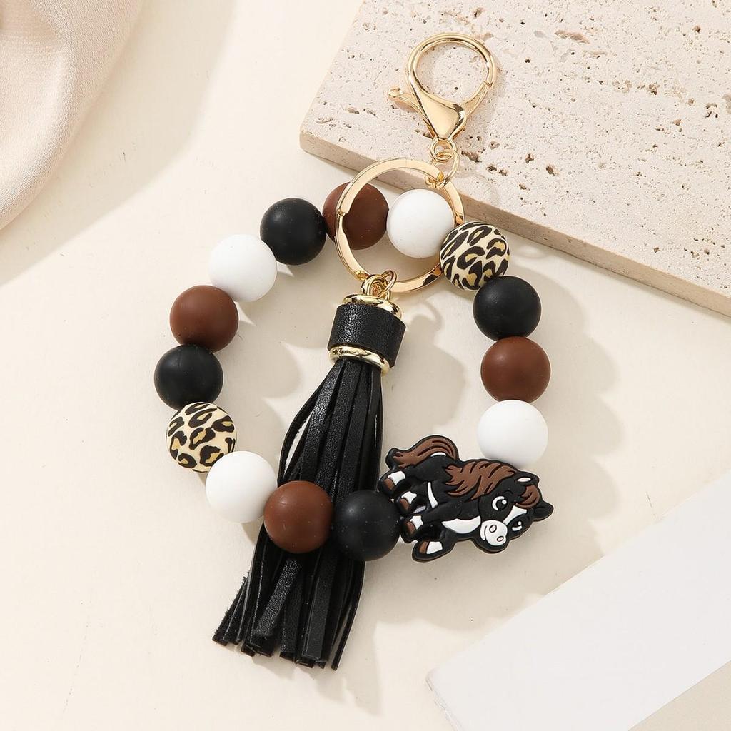 European & American Monogram Silicone and Wood Beads Tassel Keychain Bracelet