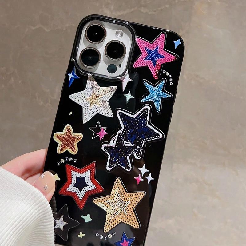 Korean Lovely Colorful Stars Phone Case For iPhone 11 12 13 14 15 16 Pro Max Plus XR X XS 7 8 Plus SE2 Glossy Black Soft Cover