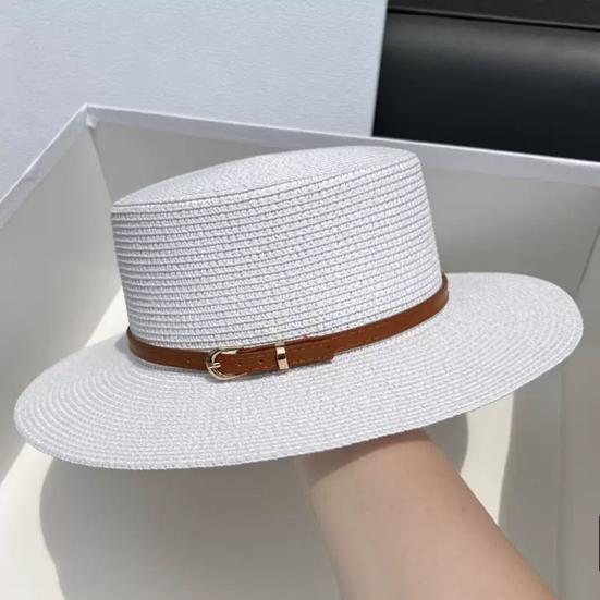 Straw Hat Wide Brim Flat Faux Leather Strap Top Design Metal Buckle Decor Sun Hat Beach