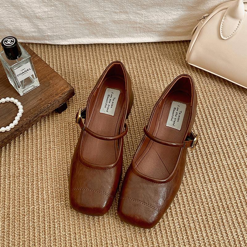 Black French square head light mouth thick heel single shoes women's 2025 new spring retro versatile height increase Mary Jane shoes