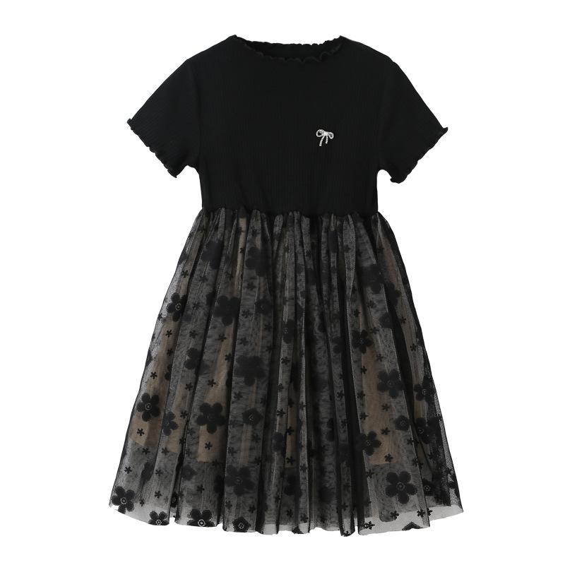 Girls Fashionable Black Dress for Summer, Children s Princess Netted Puff-sleeved Dress 120cm чёрный