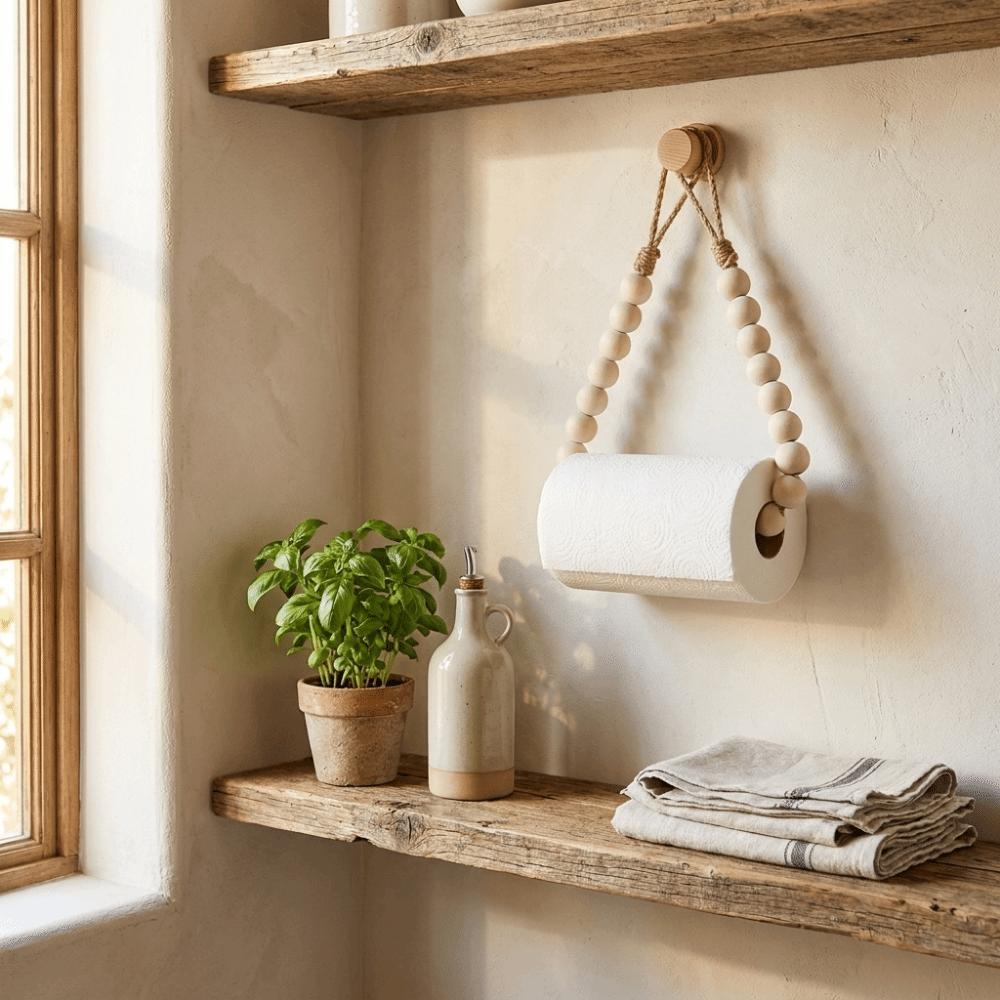 Farmhouse Decor Wooden Toilet Paper Holder Boho Rustic Tissue Rack Easy Instal Punch-Free Roll Paper Dispenser Bathroom