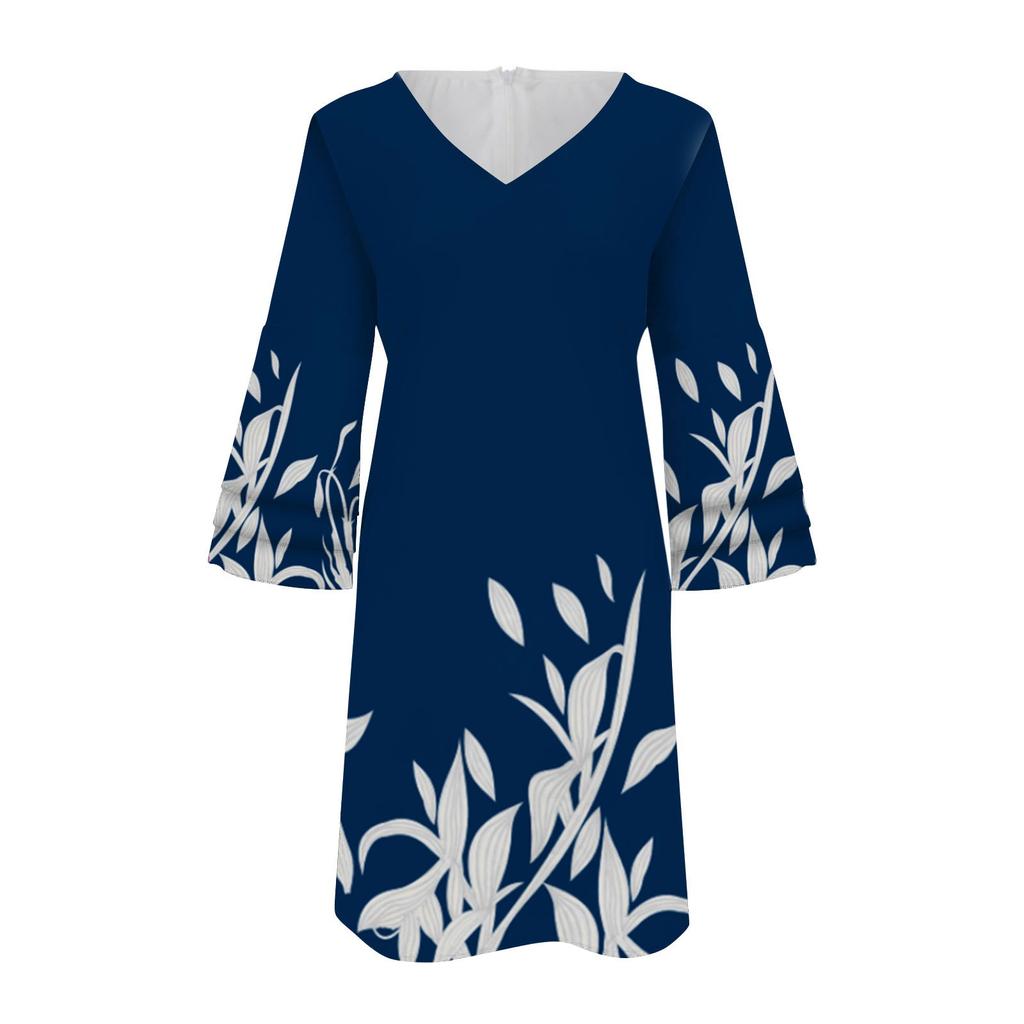 Women's Fashion Temperament Elegant Fresh Printed V-Neck 3/4 Sleeves  Dress