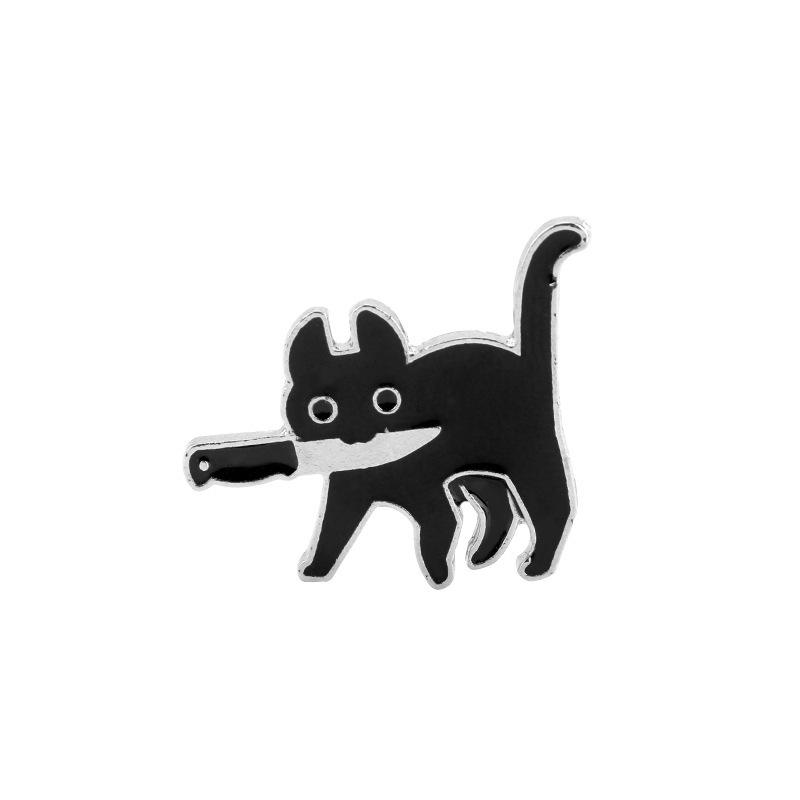 Playful Black Cat Brooch with Knife Design – Unique Animal Accessory