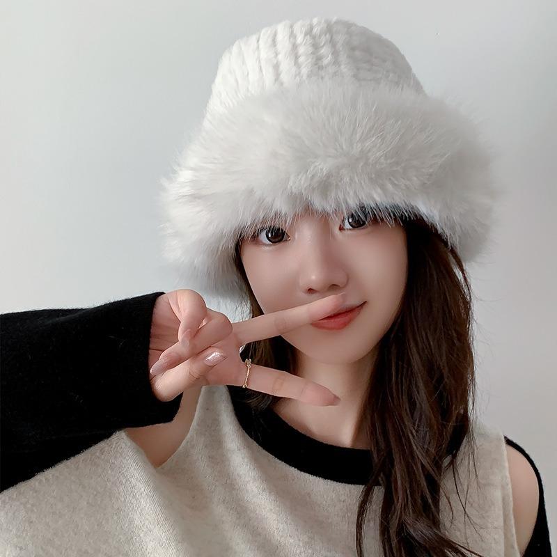 Imitation Fox Hair Plush Hat Female Winter Face Small Thickened Warm Bucket Hat Big Head Circumference Cold Basin Hat