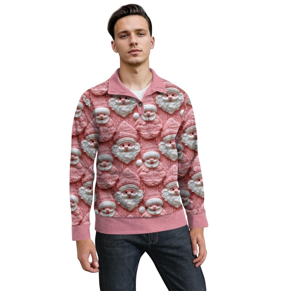 Men's Christmas Cotton Pullover Long Sleeve Outdoor Shirt Vintage Corduroy Button Stand Collar Shirt Casual Sweatshirt Christmas Print Top