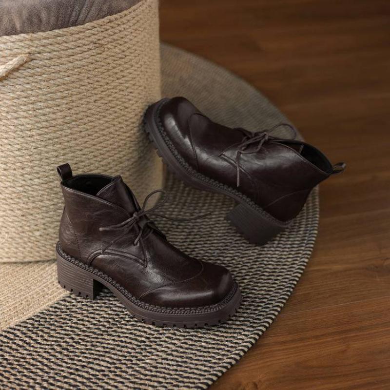Korean Version of Comfortable High-heeled Large-size Women's Boots Square Head Solid Color Lace-up Square-heeled Medium Boots Autumn and Winter Women