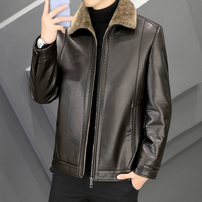 New leather jacket men's lapel collar fleece thickened cold-proof and warm autumn and winter jacket