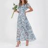 Spring new beach pendulum long dress chiffon floral short sleeve ruffle V-neck fashion waist even