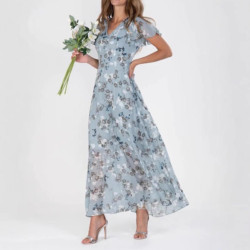 Spring new beach pendulum long dress chiffon floral short sleeve ruffle V-neck fashion waist even