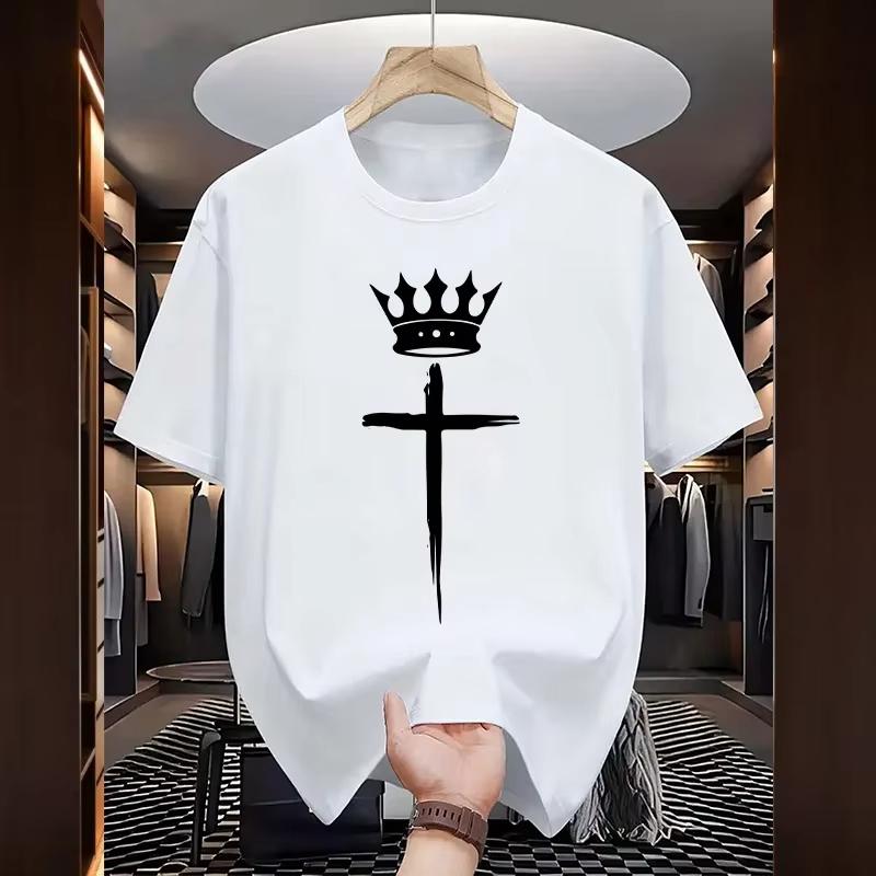 

2026 Hot Sale Men s T-shirts High Quality Pure Cotton Tees Urban Casual Fashion Short Sleeve Top Cross Crown Pattern T-shirt 5XL