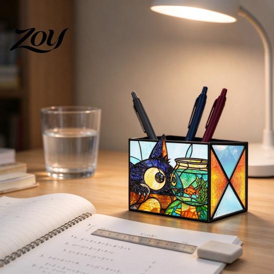 Acrylic Stationery Organizer Stained Glass Style Pen Holder, Unique Desktop Organizer, 3D Creative Gift for Students Embossed Relief Pattern