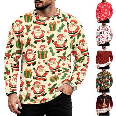 Men's Casual Loose Fit Neck Long Sleeve Top with Christmas Print, Winter Base Layer