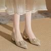 Fashion Fall New Coarse Heel Shoes Women's Fashion Pointy Shallow Mouth Sequin Crystal Buckle Non-slip Low-top Shoes