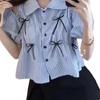 Ladies' Off Shoulder Shirt Turndown Collar Bubble Sleeve Bow Design Famale Button Up Stripe Shirts Fashionable Comfortable Women's Top