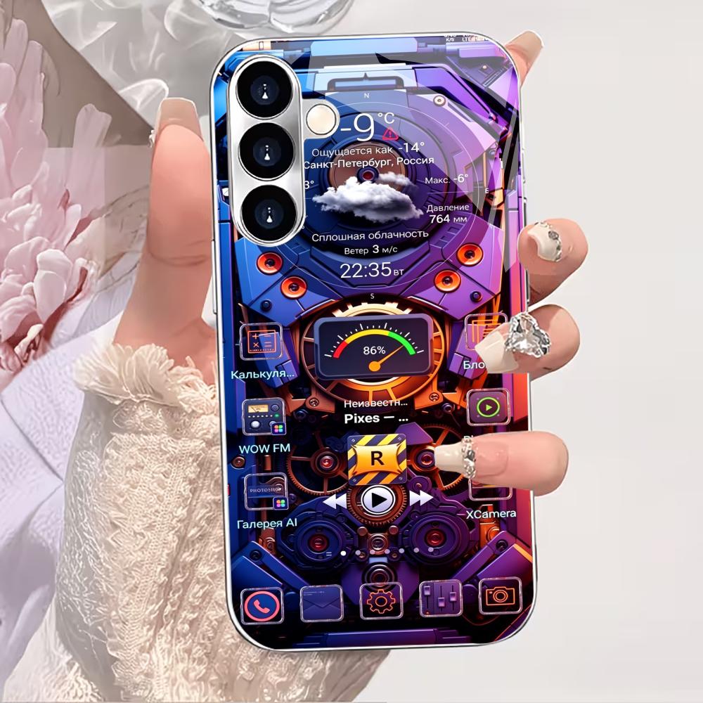 High Gloss Cyberpunk Tech phone case glass s25 ultra case s26 ultra case for Samsung Galaxy S26 S25 S24 S23 S22 FE Ultra Plus
