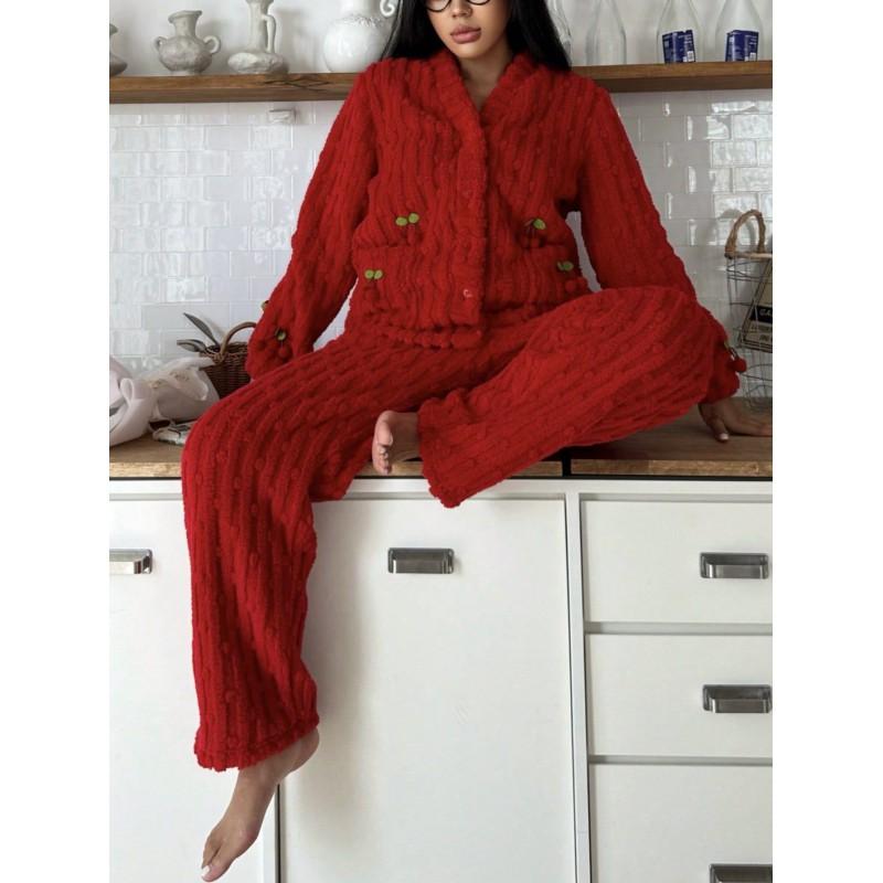 Set Pijama Călduros Căptușit cu Fleece pentru Femei Mânecă Lungă Decolteu în V Îmbrăcăminte de Noapte cu Imprimeu Cireșe Confortabil pentru Casă