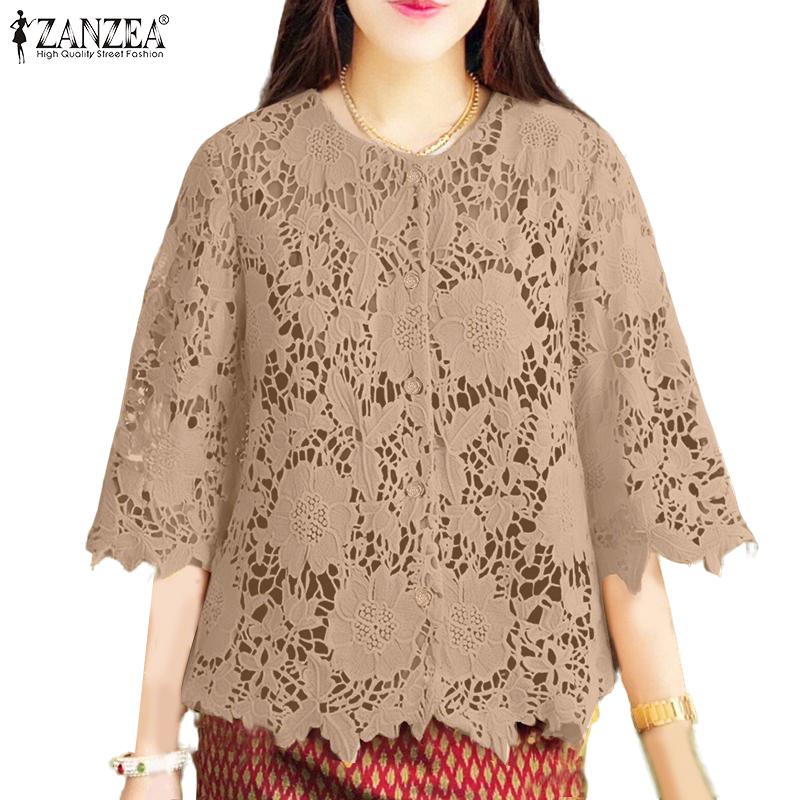 ZANZEA Womens Casual 3/4 Sleeve Lace Crochet Patchwork Loose Blouse