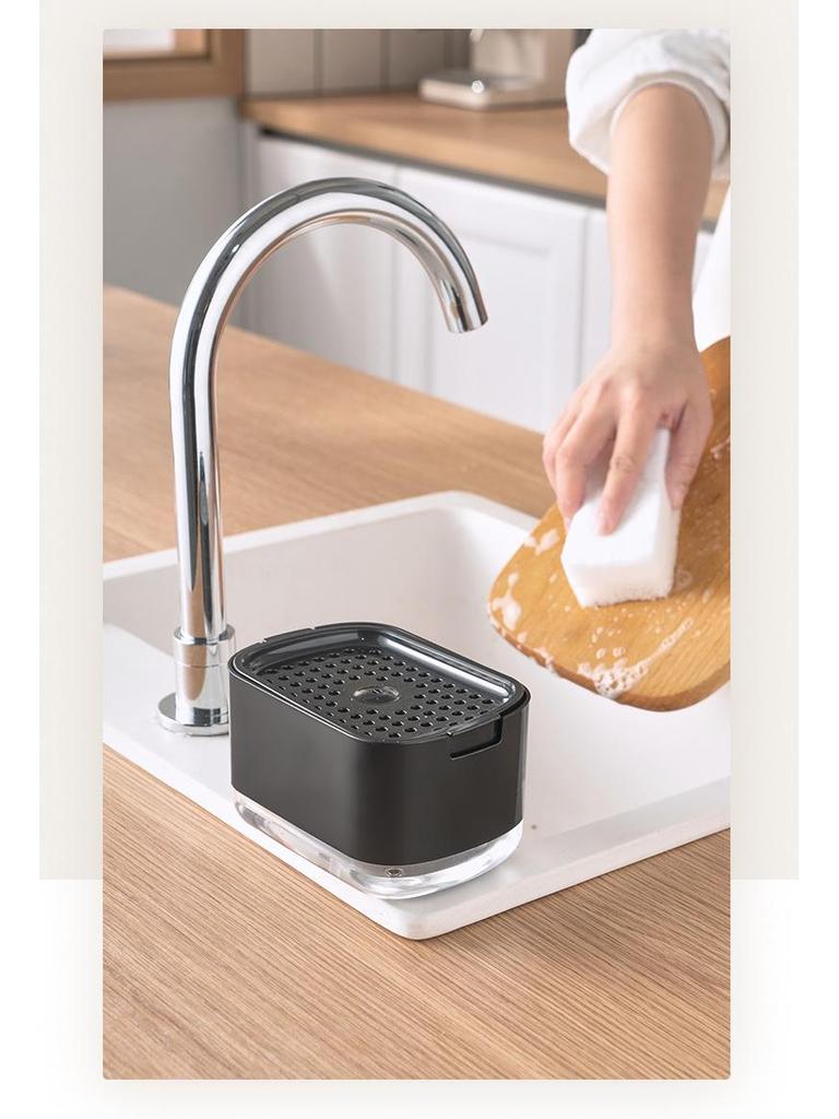 Manual Press Soap Dispenser with Auto Liquid, Scouring Pad, Dish Brush, and Soap Holder for Kitchen Dishwashing