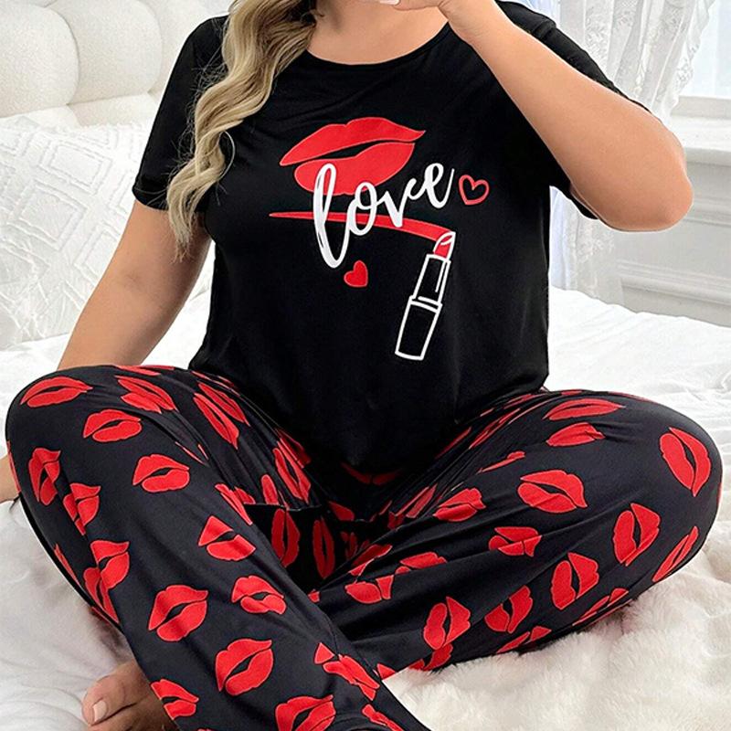 Frühling Sommer Übergröße 5XL Damen Grafikdruck Pyjama Set Zweiteiliger Schlafanzug Anzug Loungewear Kurzarm Oberteil und Hose Pyjama Damen Homewear