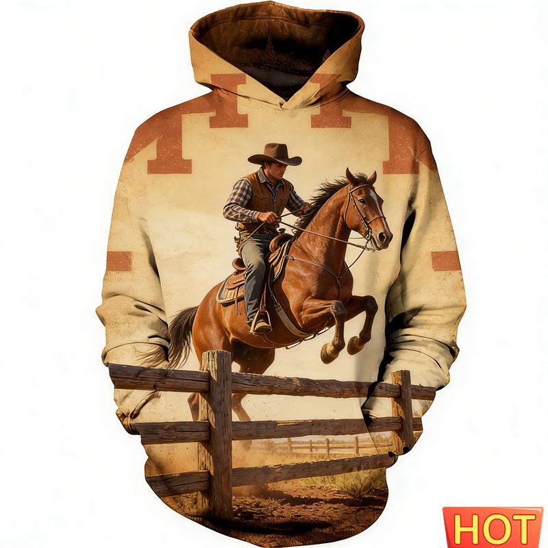 Retro Cowboy Pferd Grafik 3D Druck Hoodies Für Männer Interessantes Tier Design Herren Damen Streetwear Pullover Lässiges Sweatshirt