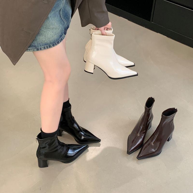 Women's Heel and High Heel Martin Boots Mid-Pointed Boots Seasonal Thick Heel Short Boots Women's Rear Zip Bare Boots