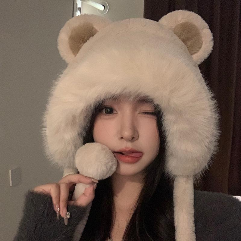 Bear Winter Hat Scarf Integrated Fleece Lined Ear Flaps Warm Knit Cap for Outdoor Riding Camping Unisex