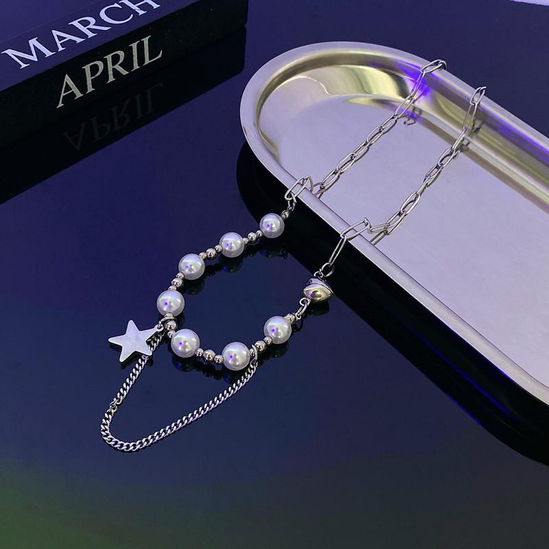 Korean Pearl Tassel Necklace with Star & Heart Pendant - Trendy Magnetic Clasp Accessory for Women Electroplated