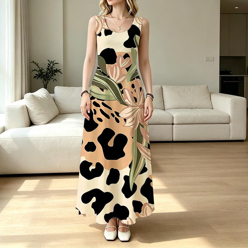 U-Neck Floral Leopard Print Sleeveless Maxi Dress Lightweight Flowy Voluminous Skirt,Flattering to Hide Curves,Elegant for Daily Casual & Vacation