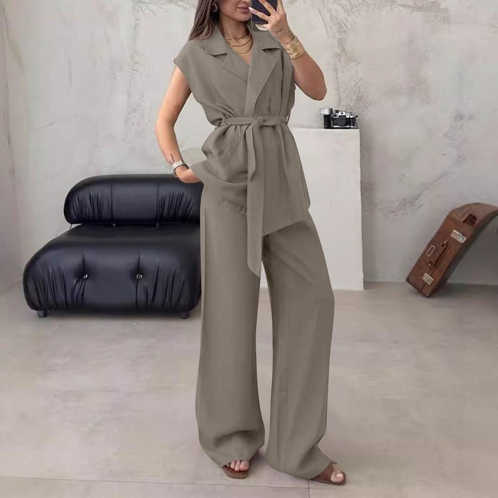 Women's 2-Piece Fashionable Casual Sleeveless Tie Front Cardigan And Pants Set