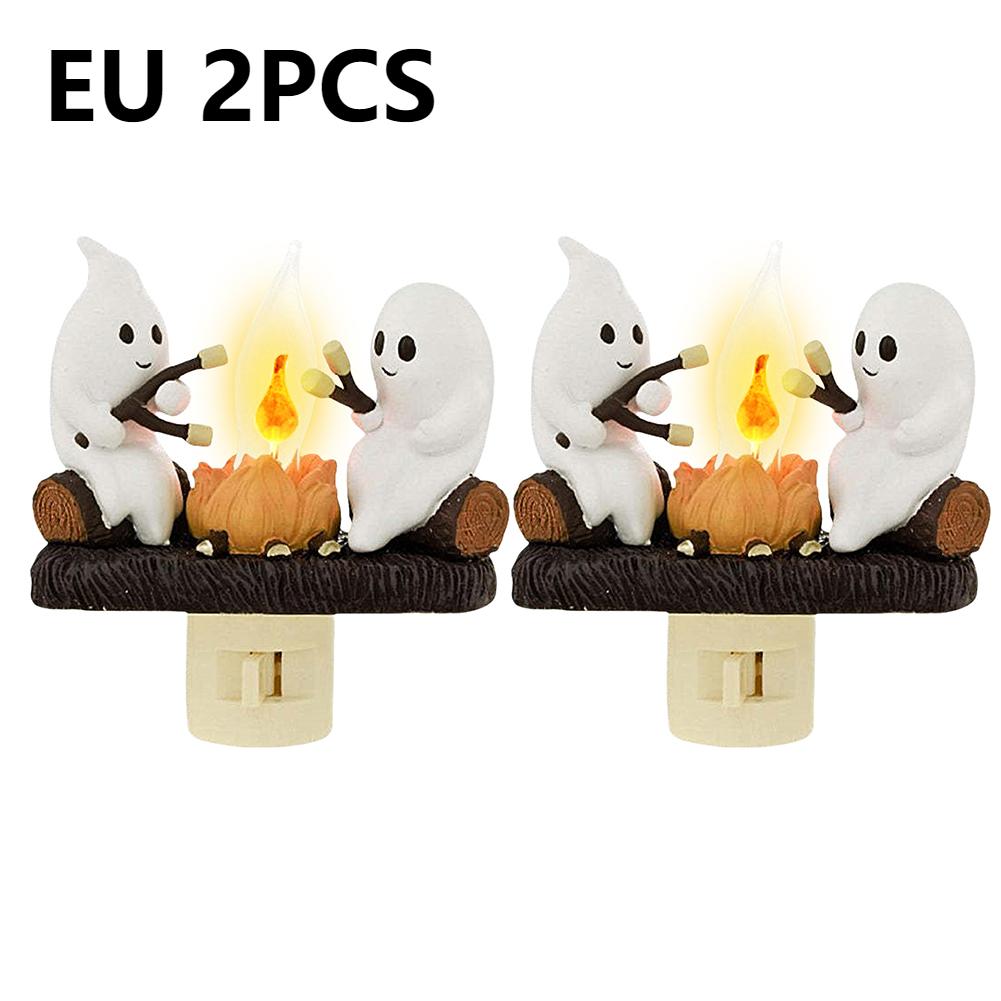 2025 Ghost Campfire Flickering Nightlight 2 Ghosts Roasting Plug Wall Spooky Fire Marshmallow Night Light for Halloween Decor
