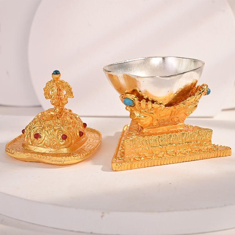 Tibetan Toba Altars Guardian Bowl,Engraving Inlaid Gem Alloy Handicraft Buddhism Holy Water Plate,Buddhist Religious Item,1Set