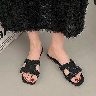 2024 Summer New Korean Fashion Everything Square Head Line Trawl Red Senior Sense Flip-flops Women Flat Slippers Women
