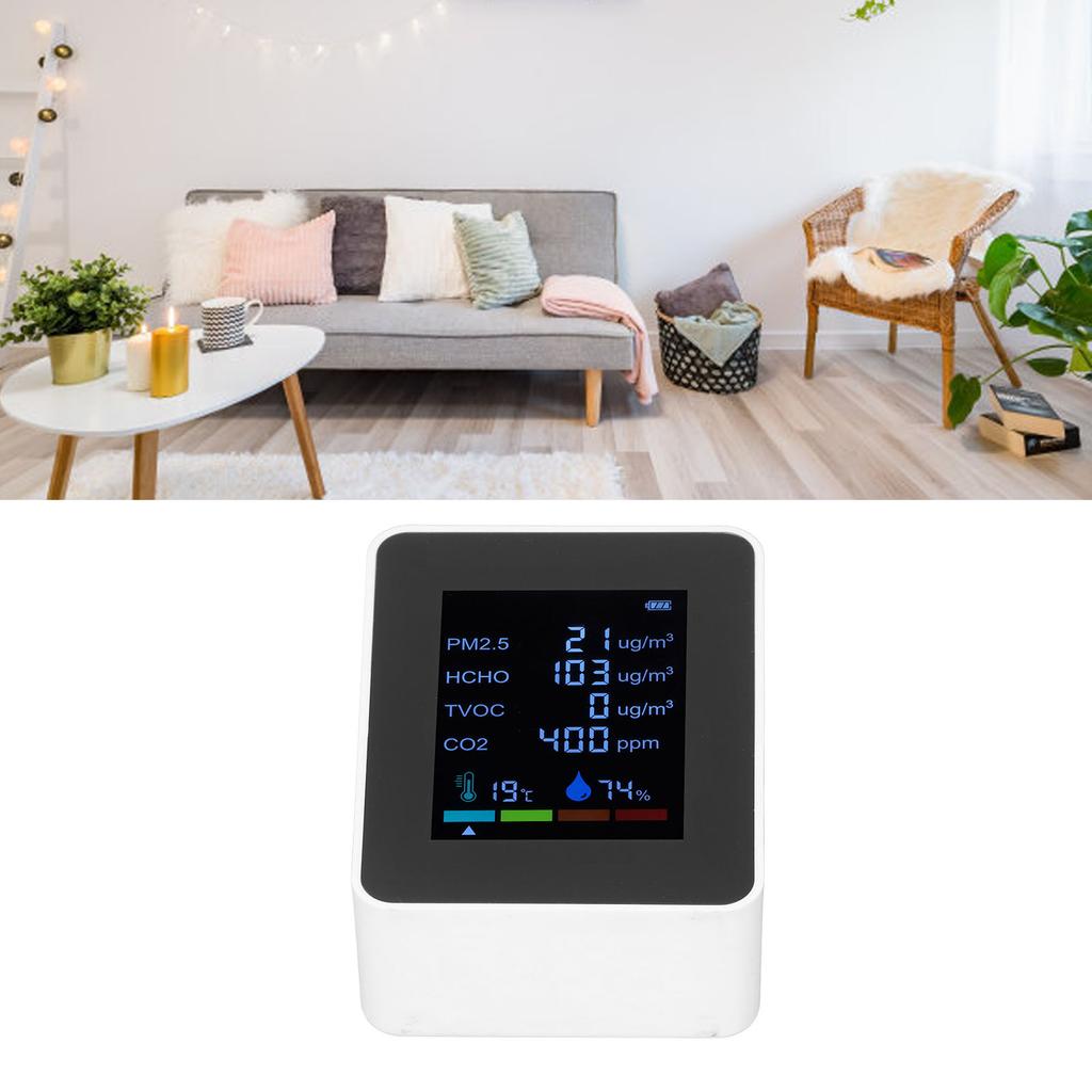 Multifunctional 6 in 1 CO2 Meter   Quality Monitor Temperature PM2.5 TVOC HCHO Detector USB Charging