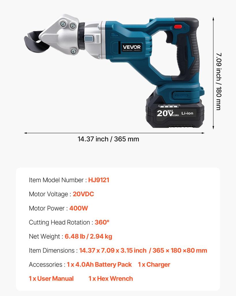 VEVOR Metal Shear, Cordless Sheet Metal Cutter with 360-Degree Pivoting Head, Double Blades, 220VAC 20VDC, Cuts 1.22 mm Galvanized Steel