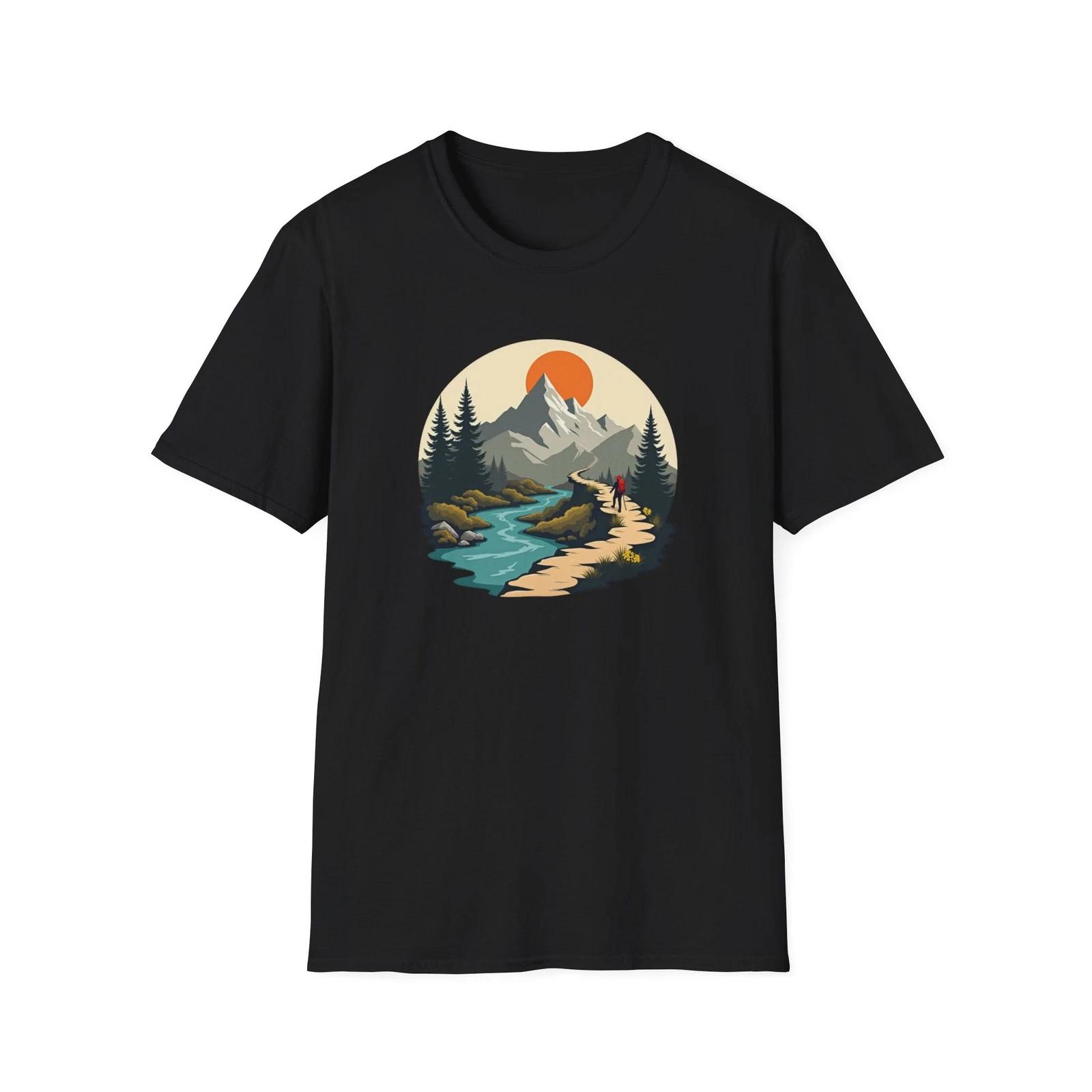 Mountain River Scene T-Shirt | Hiking Nature Graphic XL