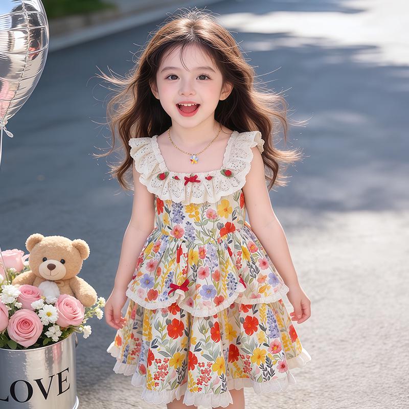 Girls' Floral Lace Princess Summer Dress - Trendy Puffy Skirt Beach Tank