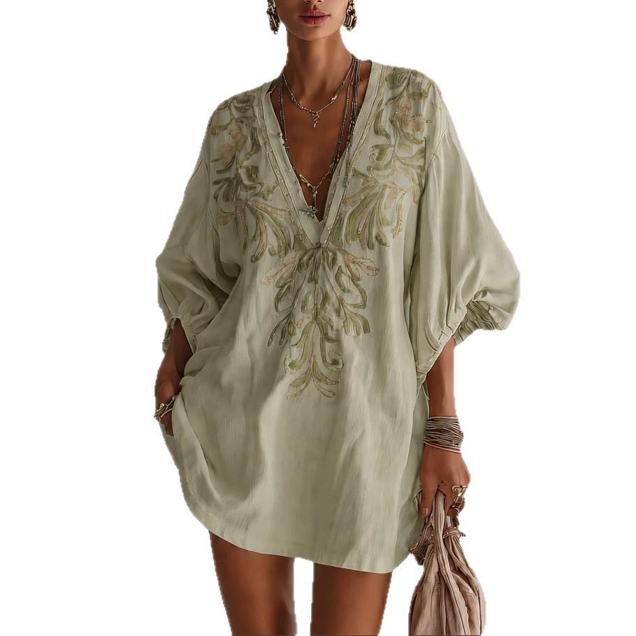 Street Style Mini Dress With Deep V Neck Floral Print For Summer Casual Wear