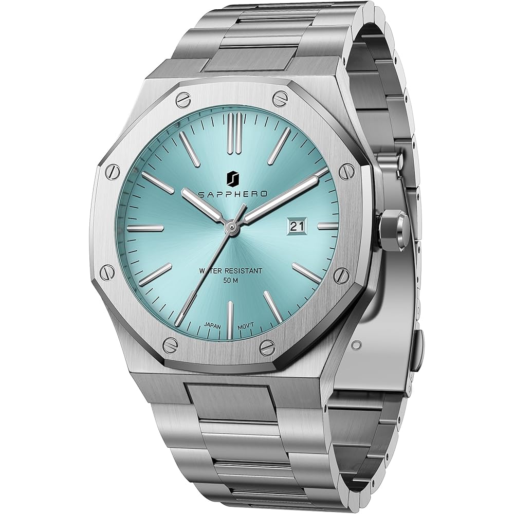 SAPPHERO Men s Chronograph Watch Stainless Steel 50M Water Resistant Analog Date Display Silver Ice Blue